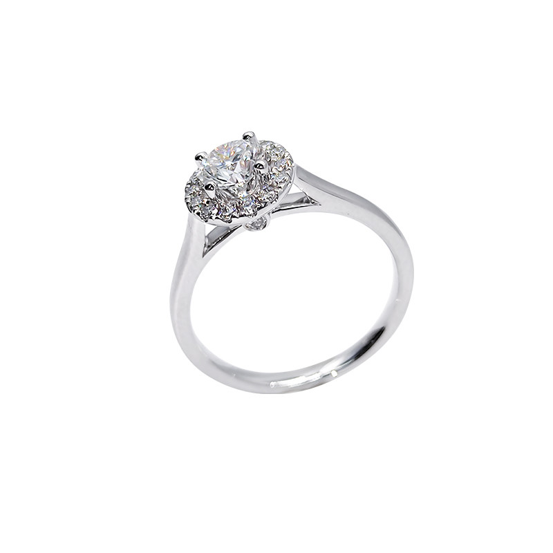 4 Prong Round Cut Single Halo Diamond Ring With Open V Smooth Raised Ridge Shank