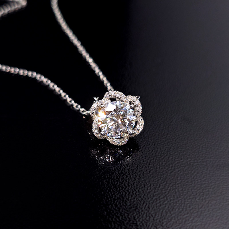 4 Prong Floral Frame Head Pave Single Round Cut Lab Diamond Necklace