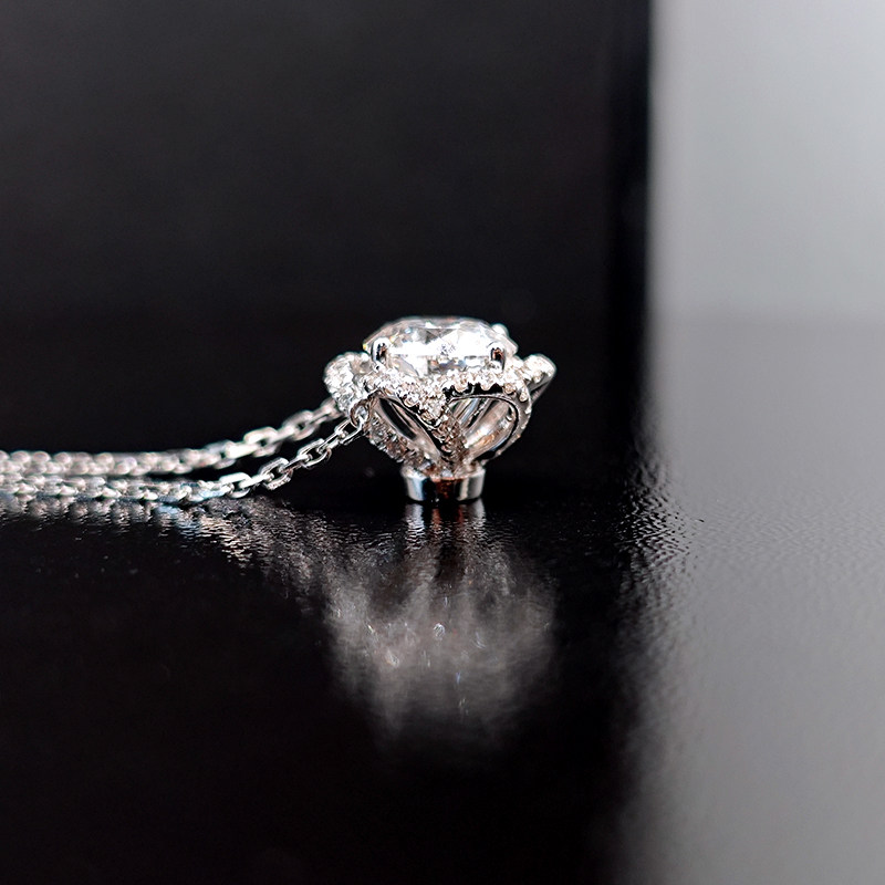 4 Prong Floral Frame Head Pave Single Round Cut Lab Diamond Necklace with open gallery