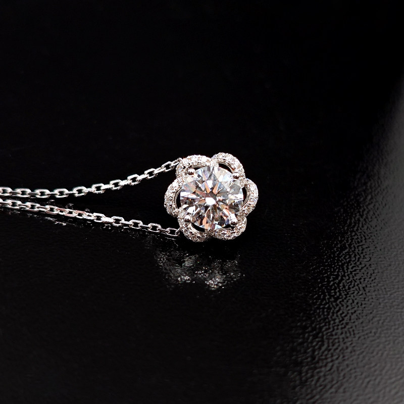 4 Prong Floral Frame Head Pave Single Round Cut Lab Diamond Necklace pendant details