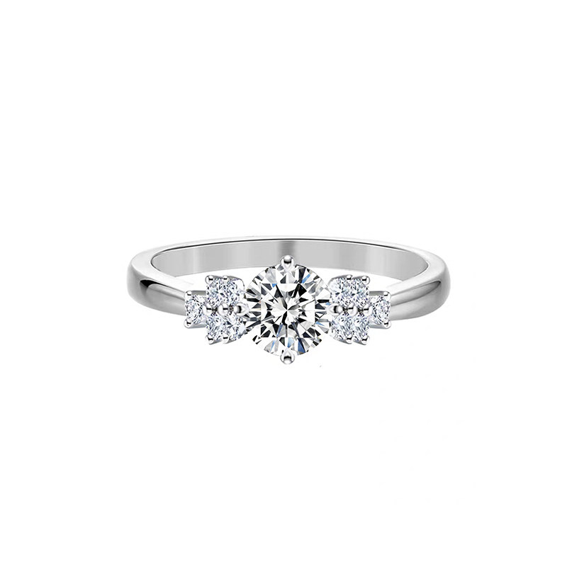 Round Cut Three Stone Pave White Gold Lab Created Diamond Timeless Engagement Ring