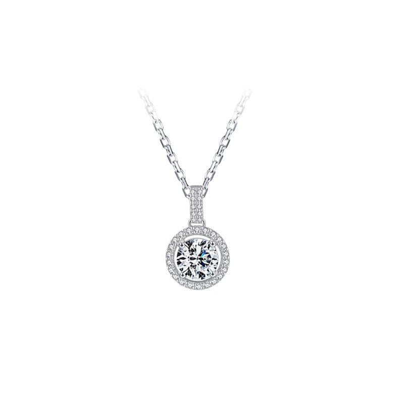 Single Round Cut 4 Prong Spacing Halo Pendant Diamond Necklace With Pave Bail