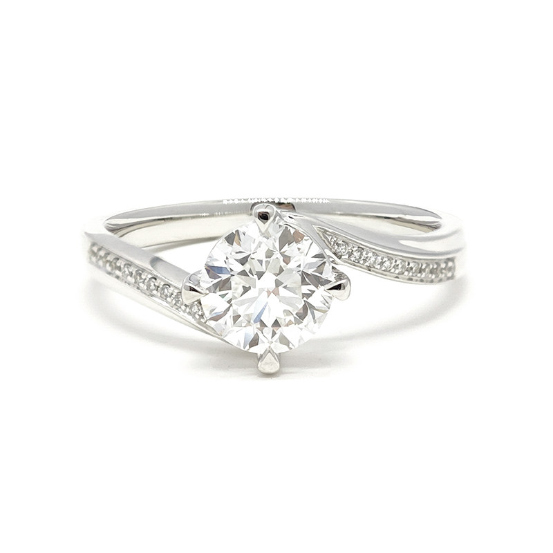 Round Solitaire Pave Bypass Shank White Gold Artificial Diamond Engagement Ring