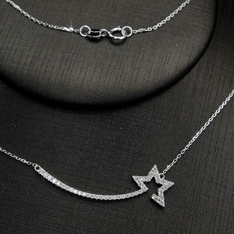 Art Deco Curved Shooting Star Pave Cultivated Diamond Necklace wearing effect
