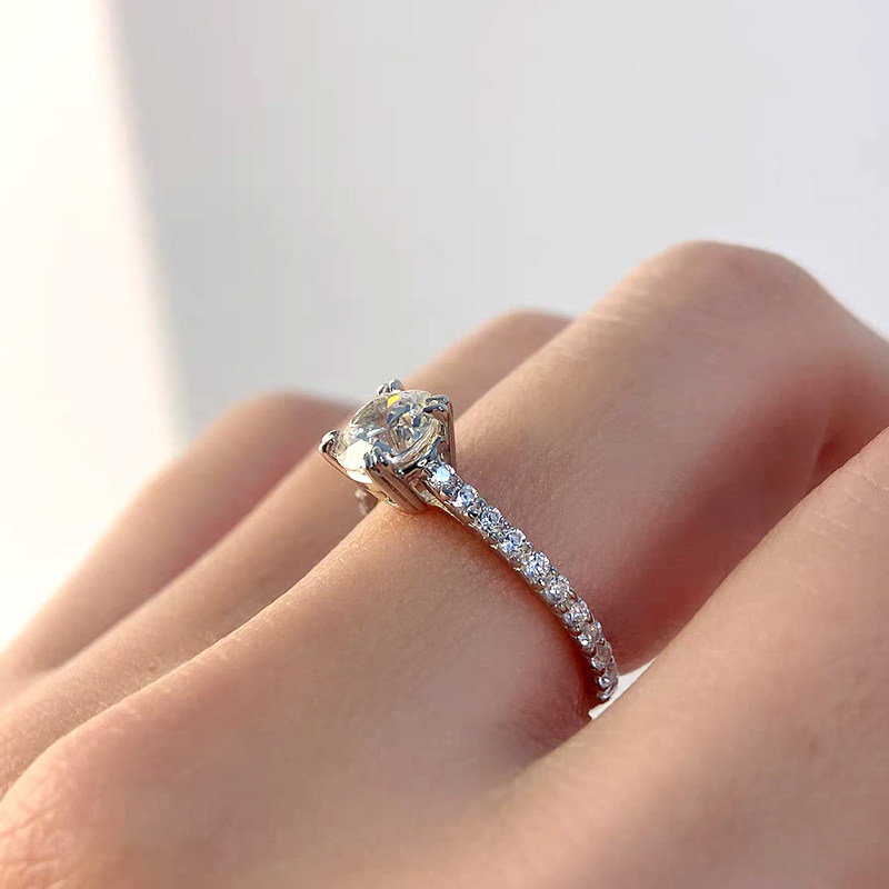 Sparkling Split 4 Prong Round Cut Cultivated Diamond Ring With Slim Half Pave Shank wear effect