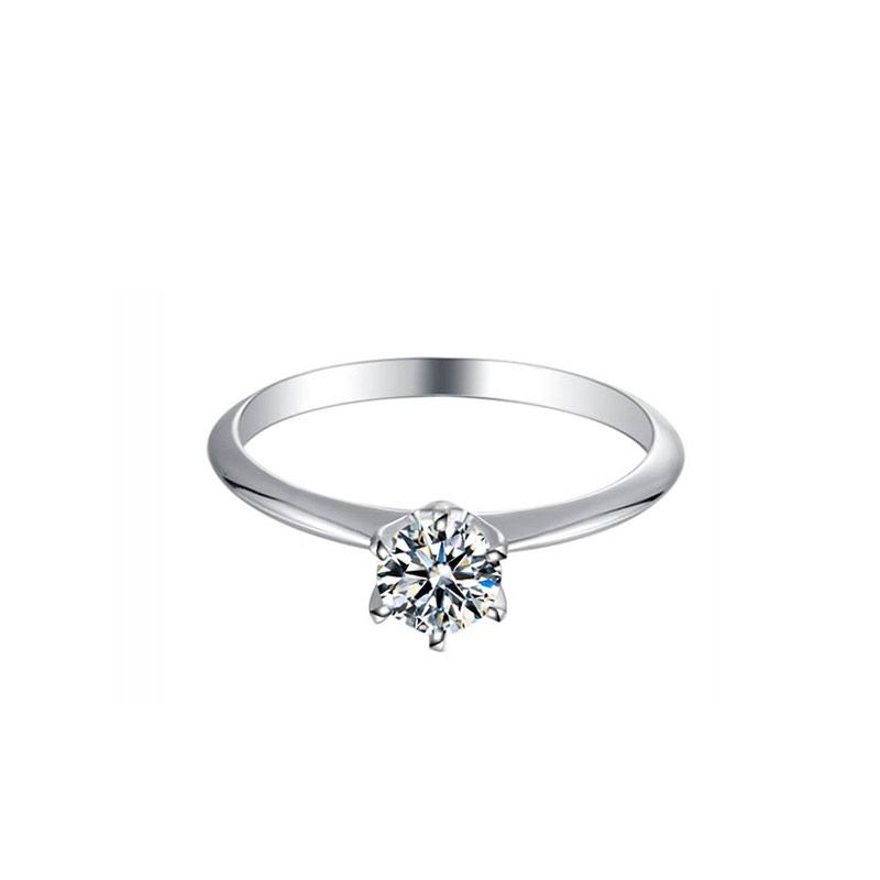 Minimalist 6 Prong Round Cut Solitaire Diamond Ring With Beveled Edge Plain Shank in Platinum