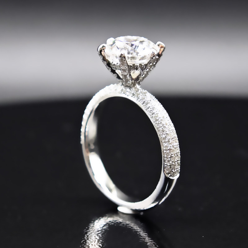 Classic Sparkling Round Cut 6 Prong Solitaire Diamond Ring With Half Eternity Shank side view