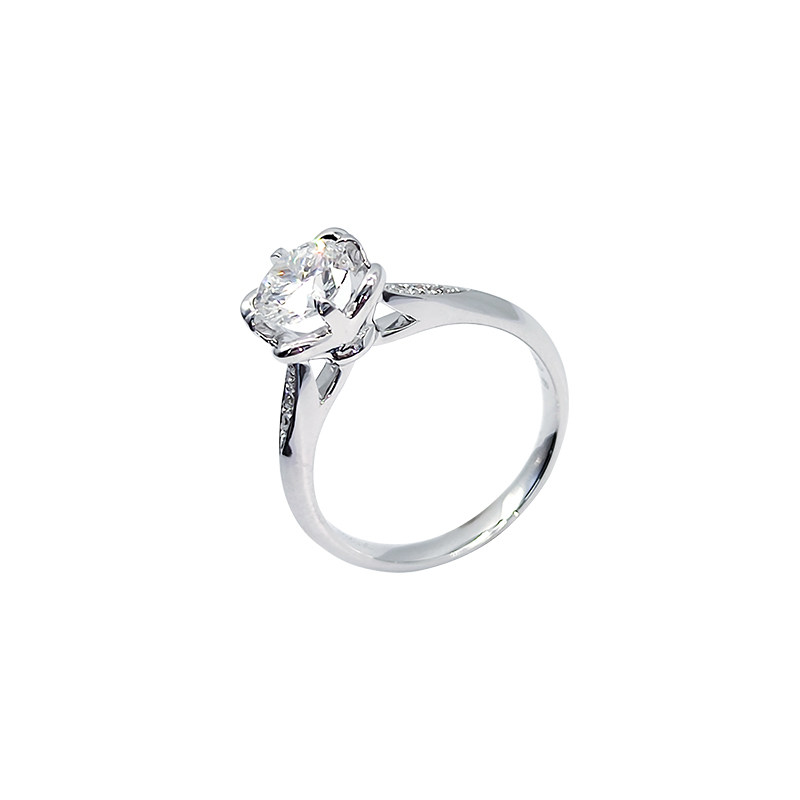 Solitaire Round Cut Floral Head Setting Diamond Ring With Open V-Shaped 1-thirds Pave Shank