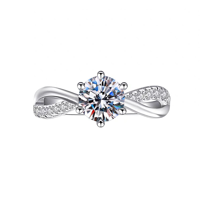 Six Prong Round Cut Solitaire Lab Diamond Ring With Split Twisted Single Row Half Pave Shank