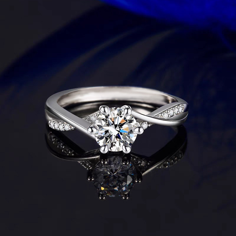 Six Prong Round Cut Solitaire Lab Diamond Ring With Split Twisted Single Row Half Pave Shank black ground