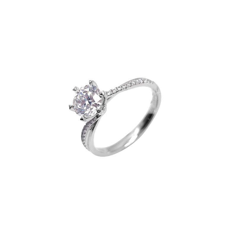 Classic 6 Prong Round Cut Solitaire Diamond Ring With Staggered Intertwined Half Pave Shoulder
