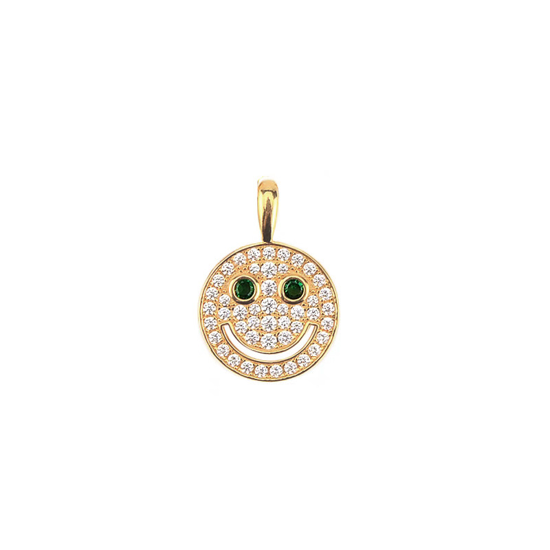 yellow gold Full Pave Round Smiley Hollow Face Lab Diamond Pendant Charm