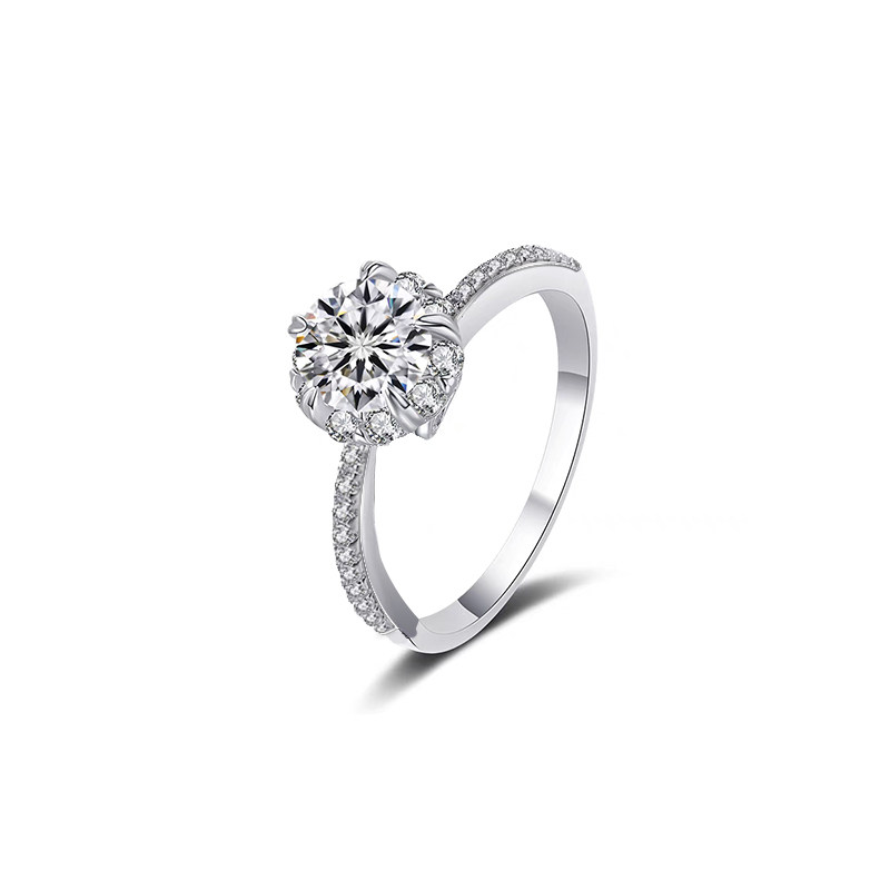 5 Prong Bud Head Accents Round Cut Diamond Ring With Reverse Tapered Half Pave Shank