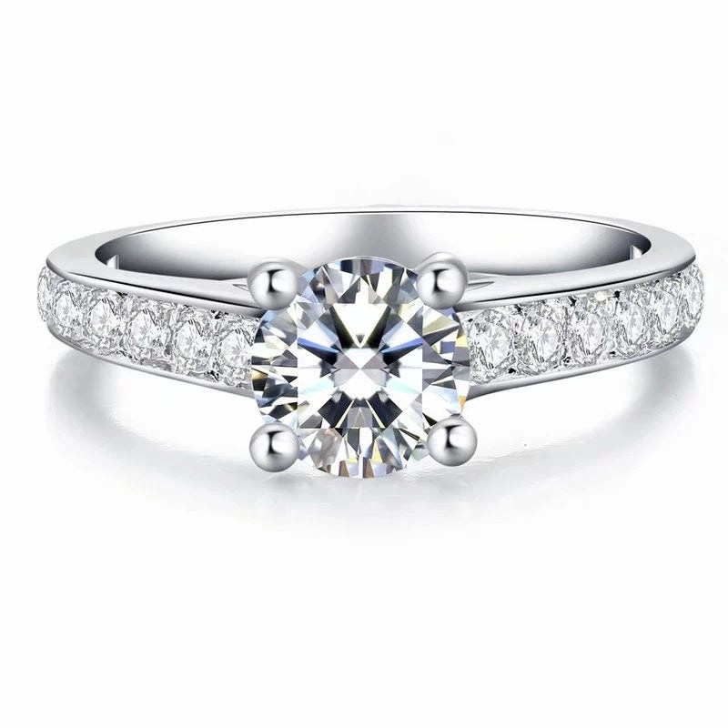 Round Cut Solitaire 4 Prong Ring With Half Channel Pave Shank in White Gold
