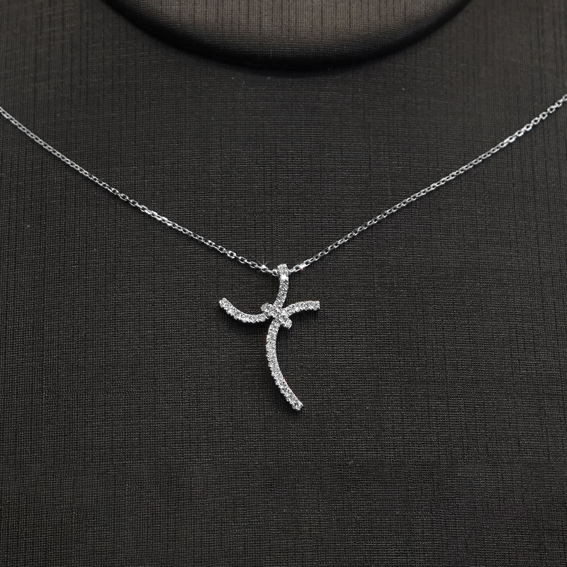 Minimalist Curved Cross Pave Lab Created Diamond White Gold Necklace