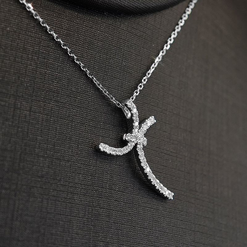 Minimalist Curved Cross Pave Lab Created Diamond White Gold Necklace side view
