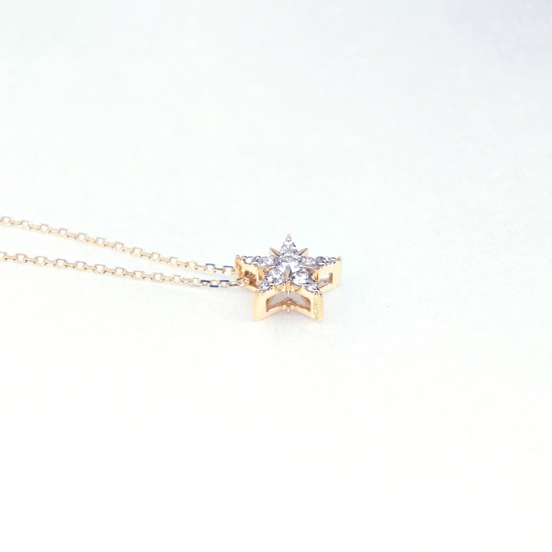 Art Deco Five Pointed Star Synthetic Diamond Necklace in Yellow Gold with double layer open gallery