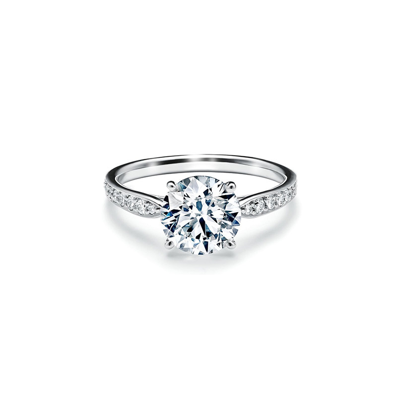 4 Prong Round Cut Solitaire Diamond Engagement Ring With Half Channel Pave Tapered Band