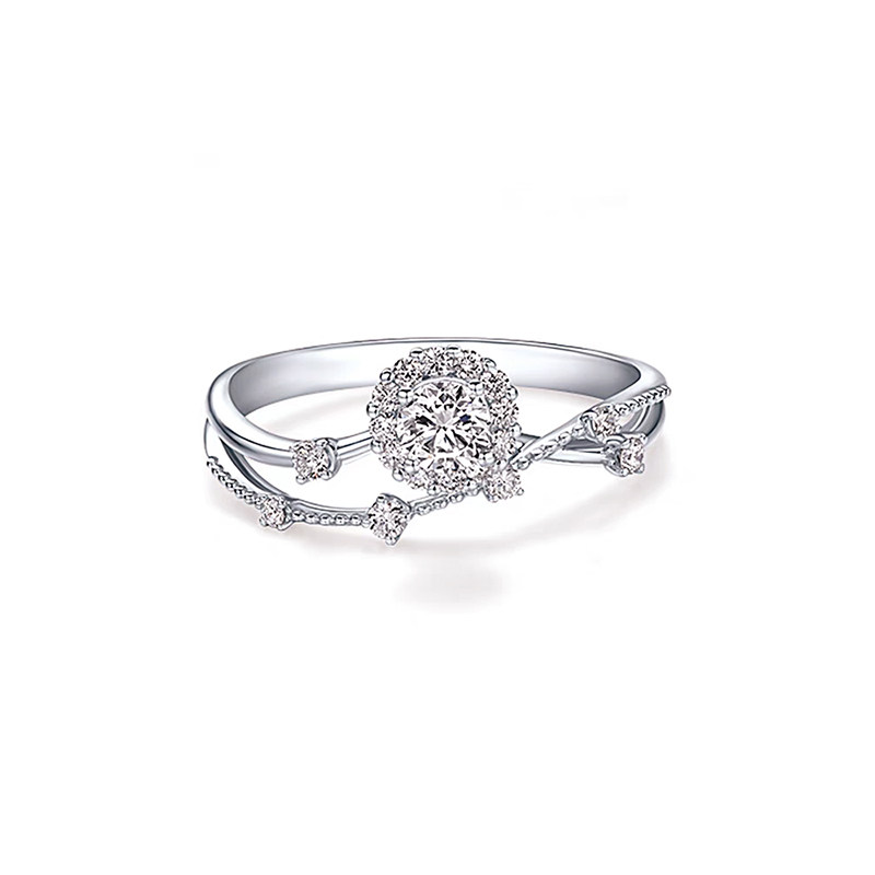 Floral Inspired Round Halo Diamond Ring With Split Crisscross Flat Shank front view
