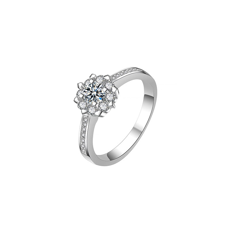 Floral Motif Round Center Stone Halo Diamond Ring With Tapered Pave Shoulder in blank Background