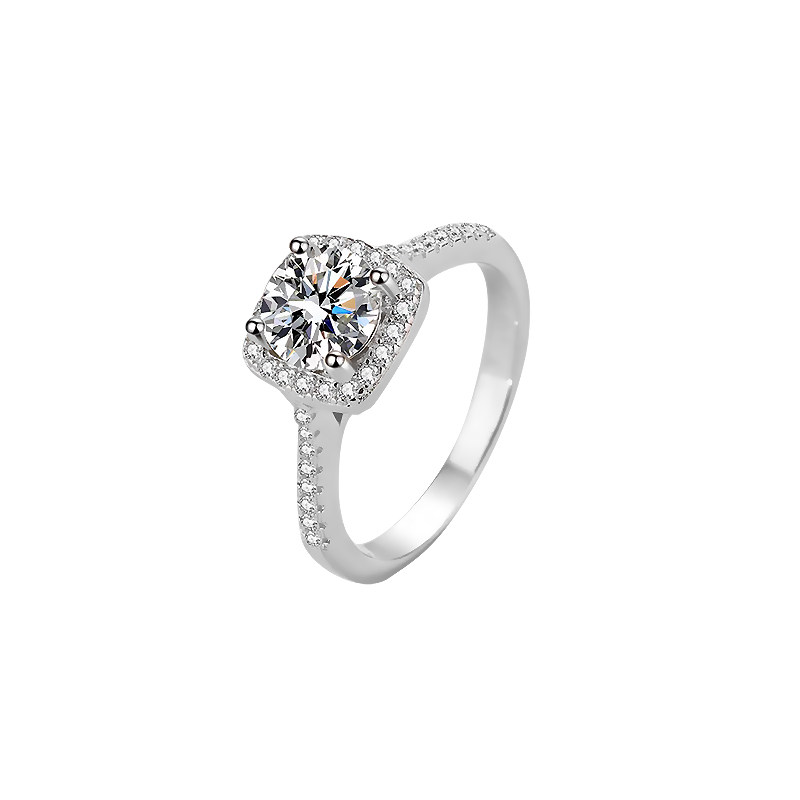 Single Round Cut Staggered Cushion Halo Diamond Ring With Half Eternity Polished Shank