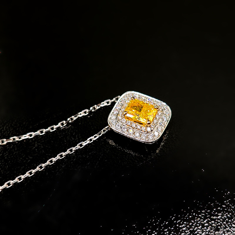 Sugar Cube Motif Yellow Radiant Cut Solitaire Double Halo Diamond Necklace