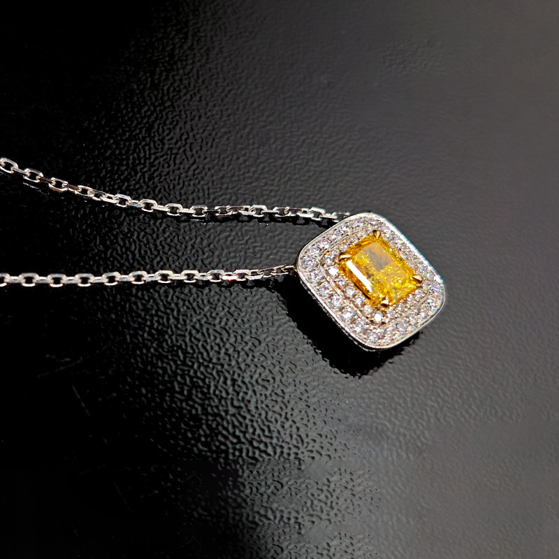 Sugar Cube Motif Yellow Radiant Cut Solitaire Double Halo Diamond Necklace — lab grown diamond jewellery