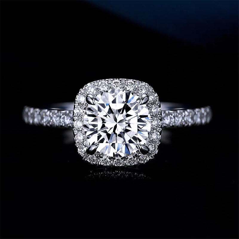 Round Cut 4 Prong & Cushion Halo Lab Diamond Ring With Half Pave Band