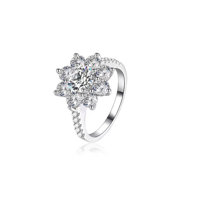 Sunflower Motif Man Made Diamond Ring With Pave Shoulders