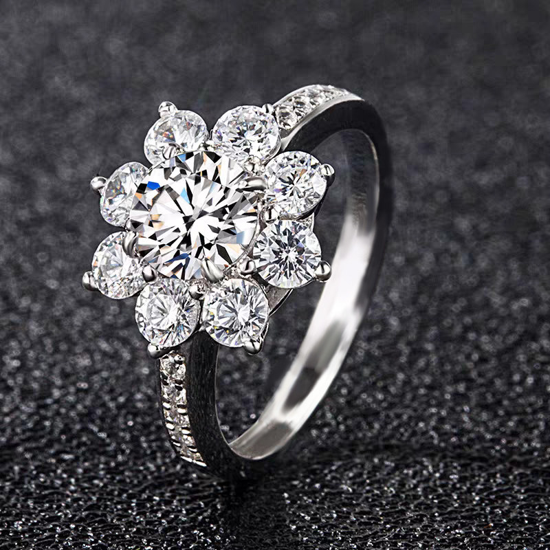 Sunflower Motif Man Made Diamond Ring With Pave Shoulders in balck background