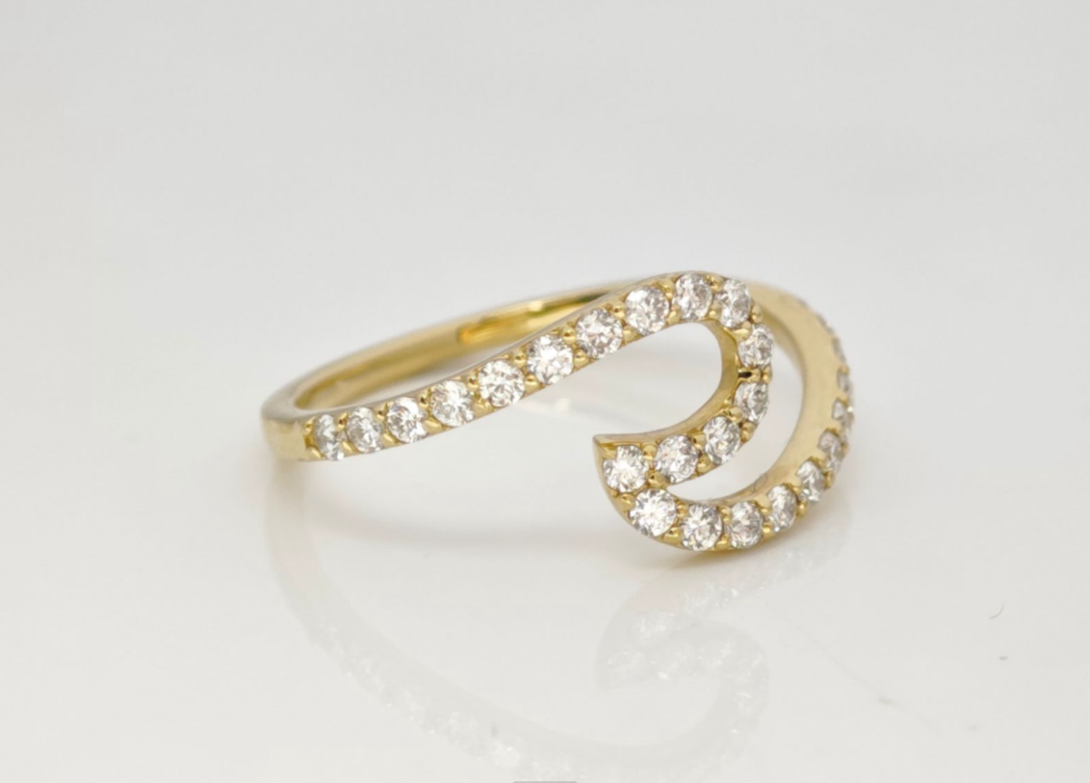 Swirl Bypass Pave Yellow Gold Manufactured Diamond Open Wrap Stackable Fashion Band