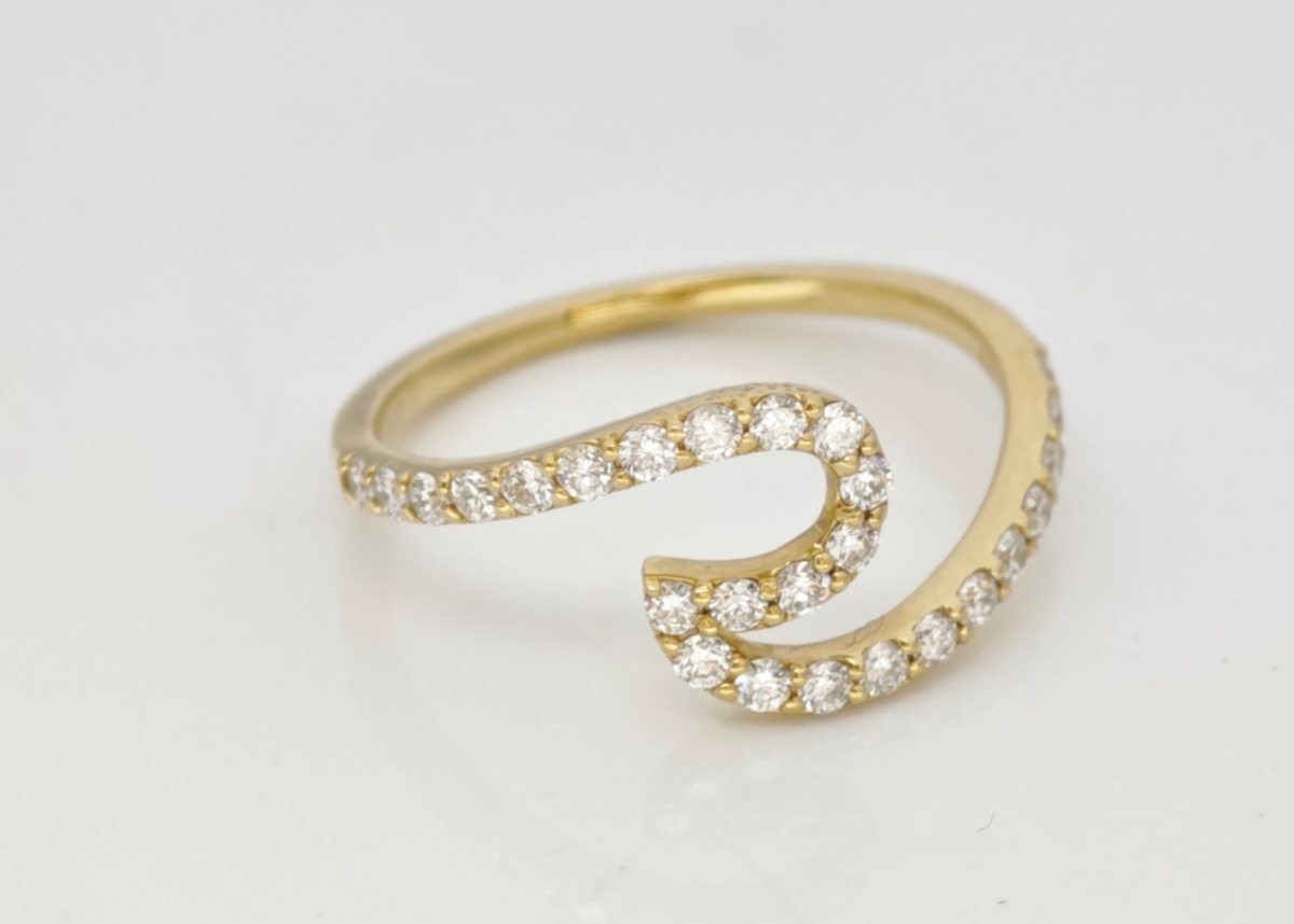 Swirl Bypass Pave Yellow Gold Manufactured Diamond Open Wrap Stackable Fashion Band close up
