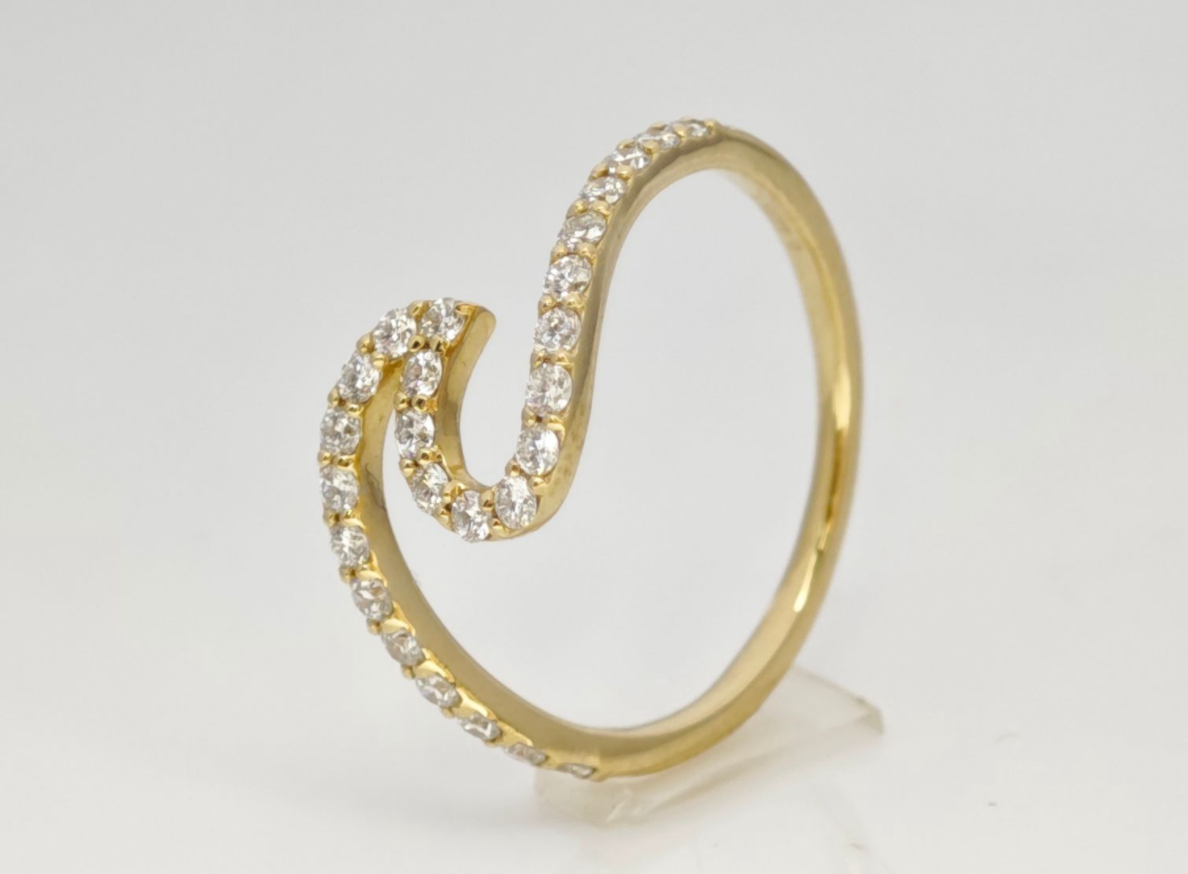 Swirl Bypass Pave Yellow Gold Manufactured Diamond Open Wrap Stackable Fashion Band side view