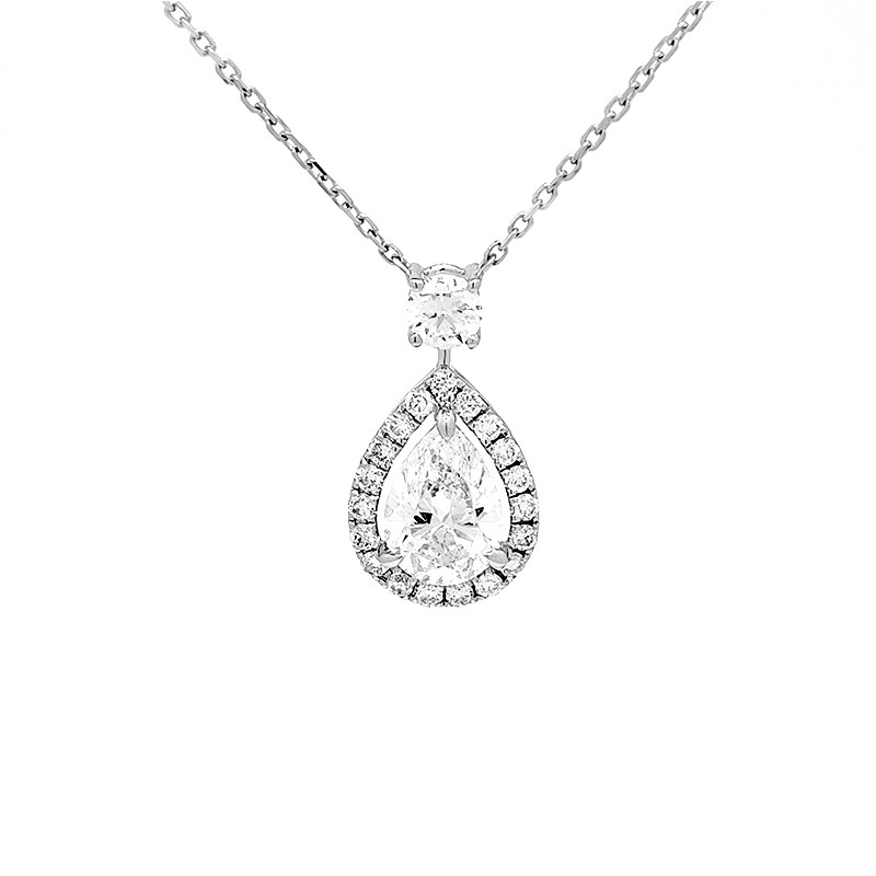 3 Prong Pear Cut Spacing Halo Lab Diamond Pendant Necklace With Accent Stone Bail