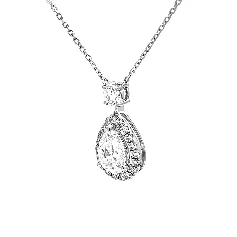 3 Prong Pear Cut Spacing Halo Lab Diamond Pendant Necklace With Accent Stone Bail side view