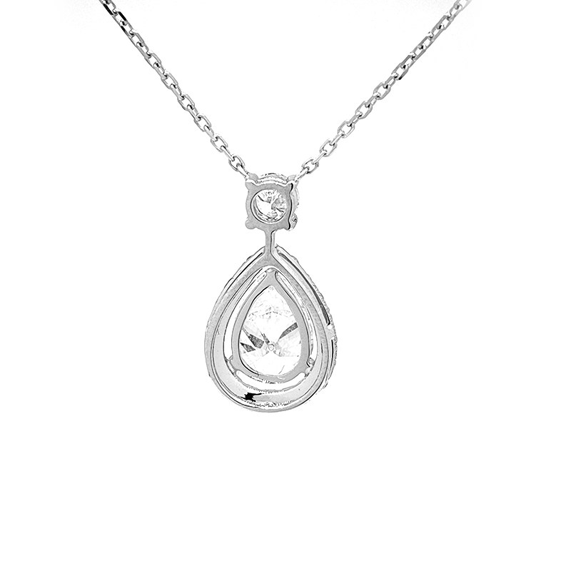 3 Prong Pear Cut Spacing Halo Lab Diamond Pendant Necklace With Accent Stone Bail hollow open setting