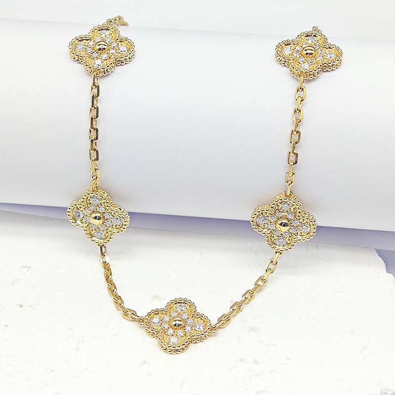 10 Alternating Four-Clover Pave & Milgrain Bezel Diamond Necklace