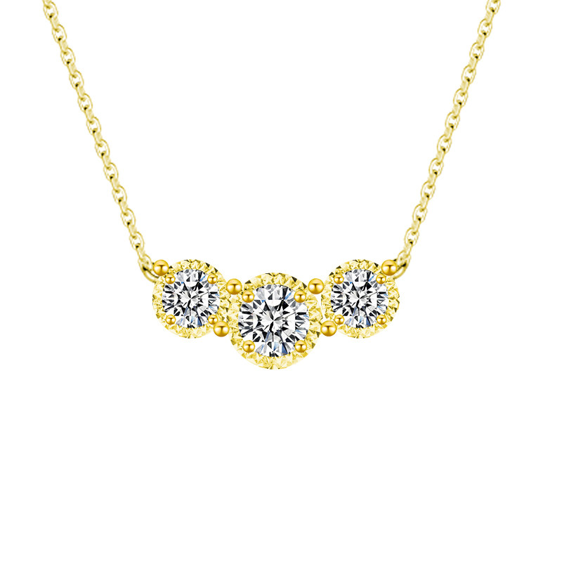 Three Stone Halo Round Cut Lab Diamond Bar Necklace, Yellow Gold Milgrain Bezel Design