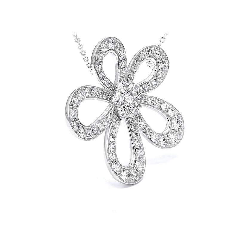 Open Hollow Tibetan Poppy Motif Pave Bezel Lab Cultured Diamond Necklace