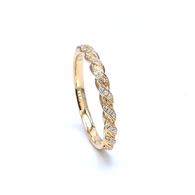 Twisted Rope Pave 18K Yellow Gold Lab Grown Diamond Slim Stackable Wedding Band side view