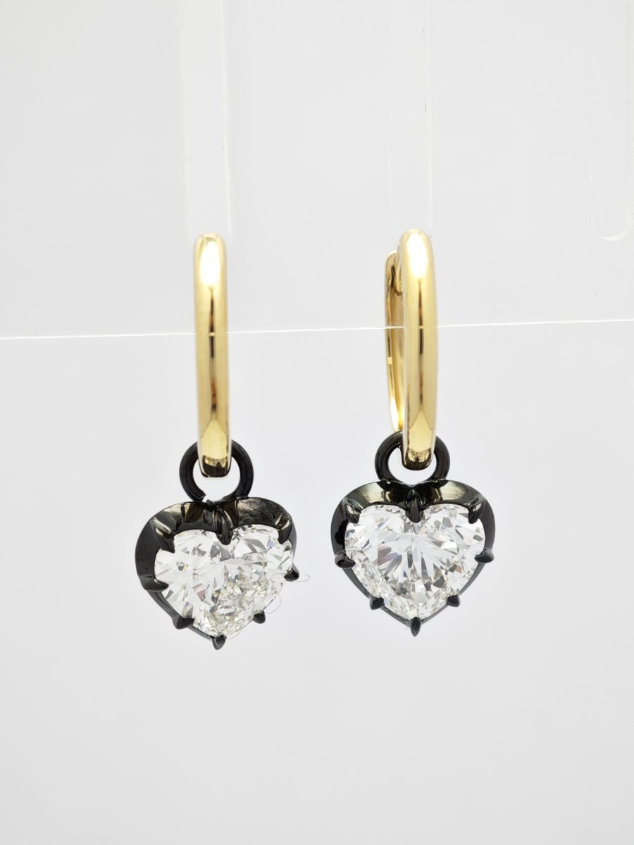 Two-tone Black Prong Heart Cut Lab Created Diamond Drop Huggie Earrings