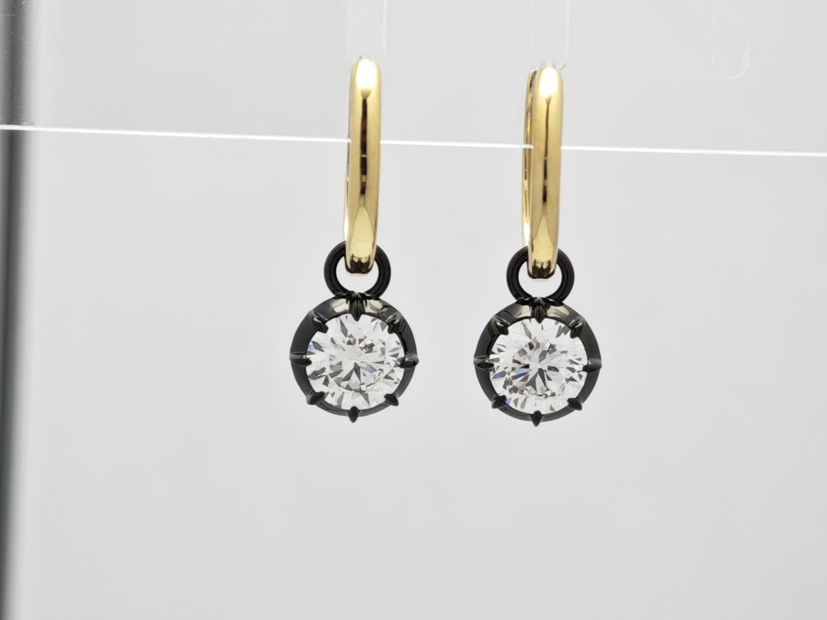 Two-Tone Black Prong Round Lab Cultured Diamond Dangle Huggie Earrings