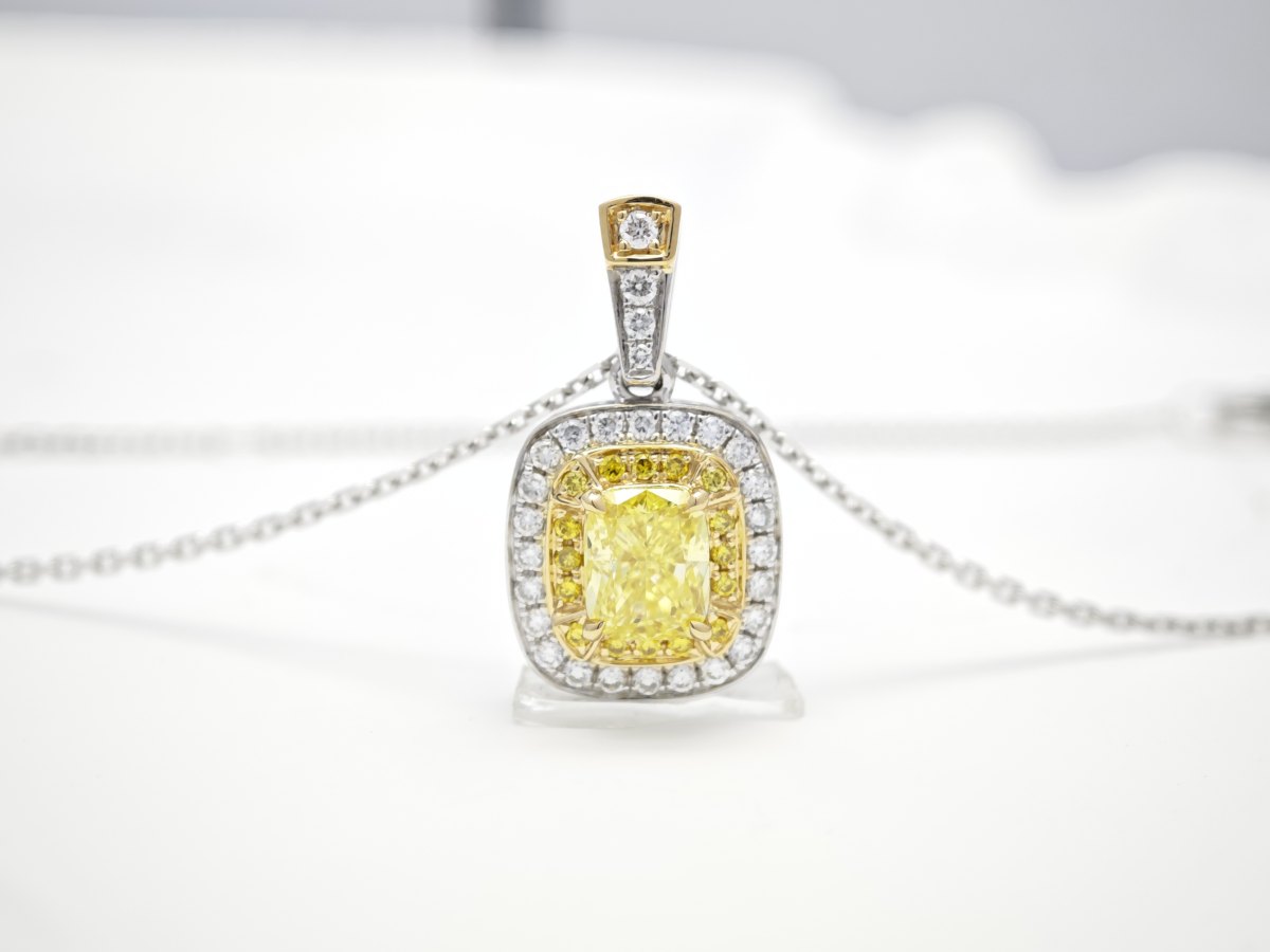 Two-Tone Cushion Yellow Lab Grown Diamond Double Halo Pendant Necklace