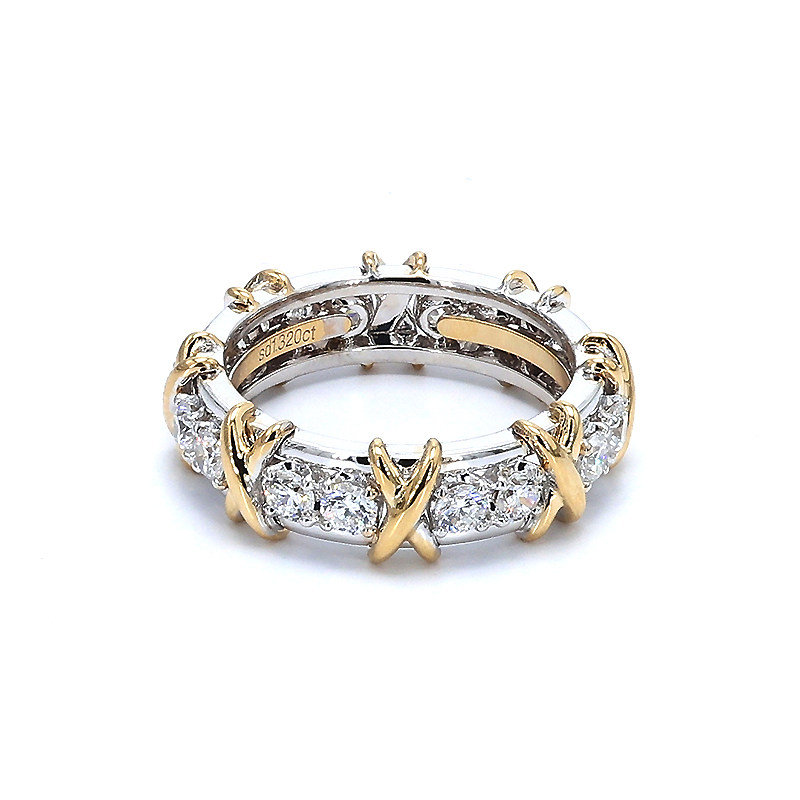 Two-Tone Gold X Braided Full Eternity Man Made Diamond Band Ring