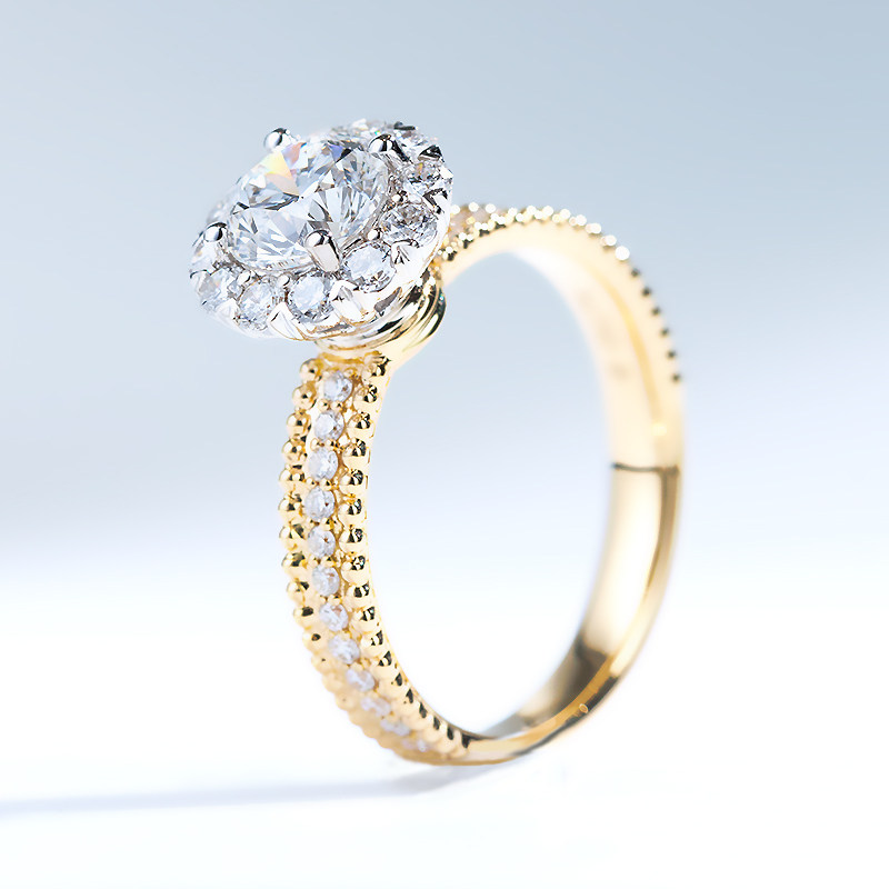 Floral Halo Hidden Prong Man Made Diamond Ring in yellow gold