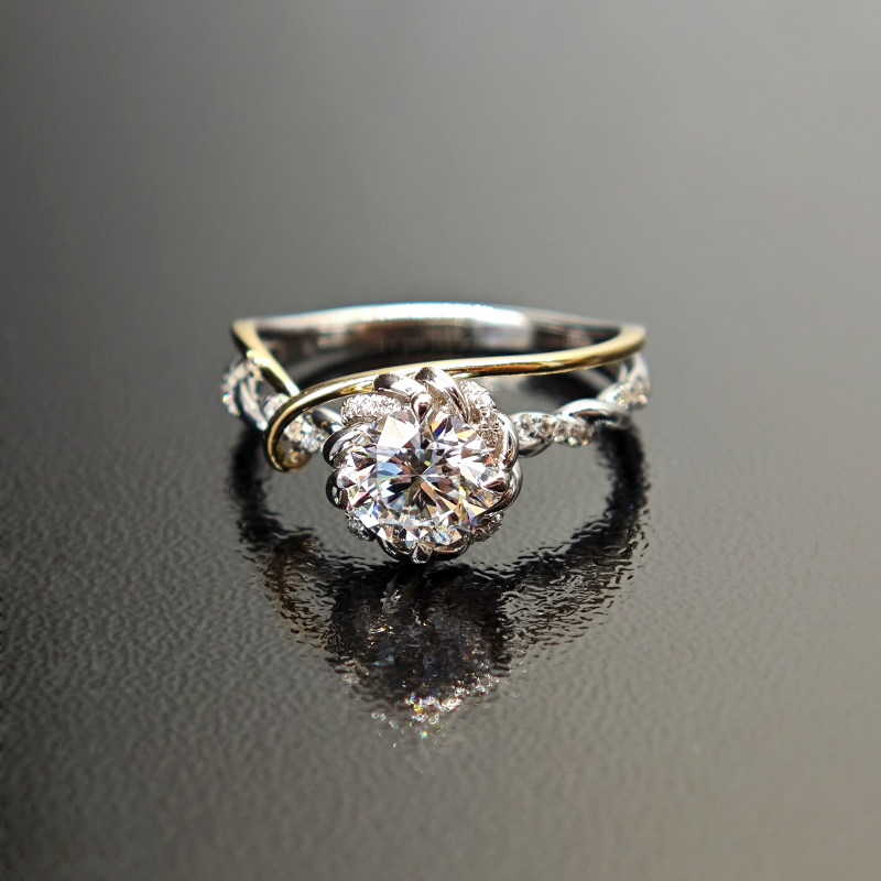 Floral Shaped Main Stone Lab Grown Diamond Ring With Intertwined & Twisted Band on table