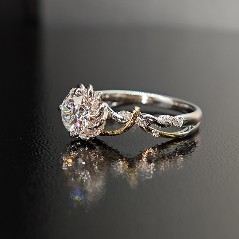 Floral Shaped Main Stone Lab Grown Diamond Ring With Intertwined & Twisted Band side view