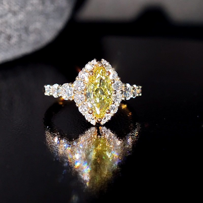 Yellow Marquise Cut Cluster Halo Lab Diamond Ring With Accents Shoulder Band