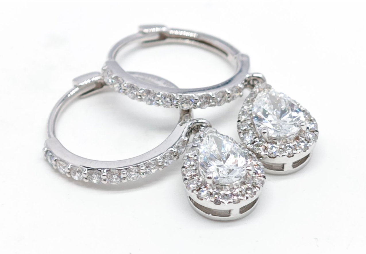 Pear Halo Lab Grown Diamond Drop Earrings on Pave Huggie Hoops — lab grown diamond earrings