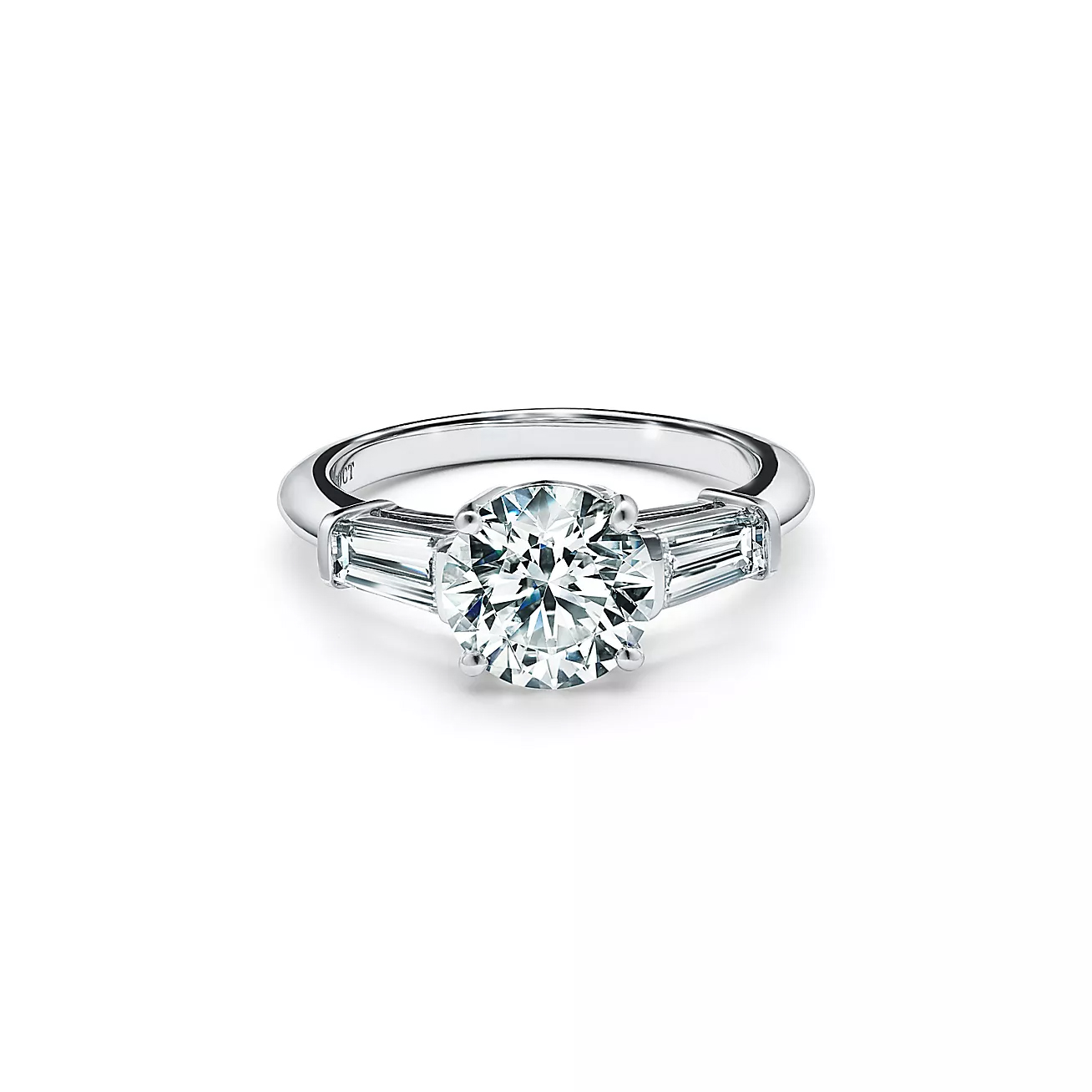 Round Three Stone Lab Grown Diamond Ring With Tapered Baguettes — lab grown diamond ring